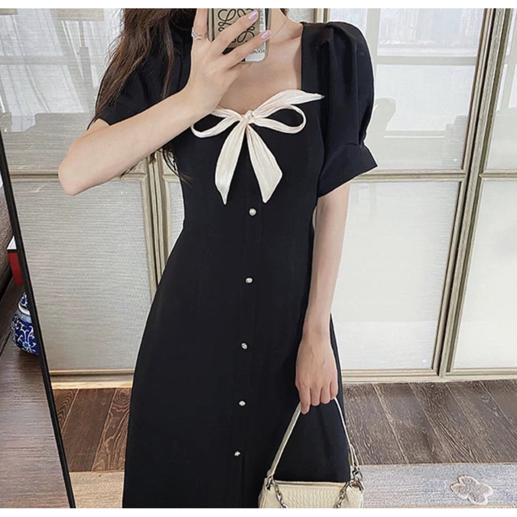 Đầm xòe đen tiểu thư phối nơ cổ