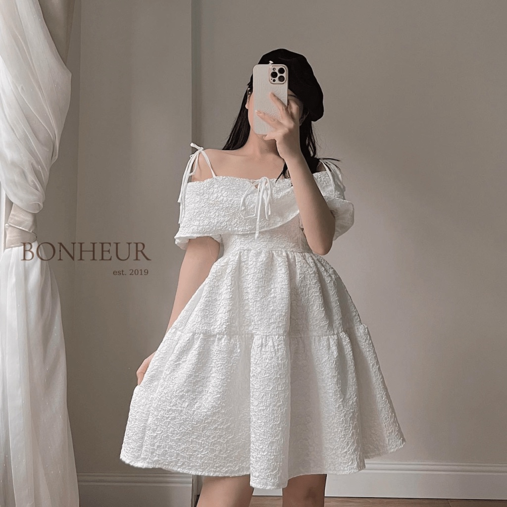 (Free Ship) Đầm Xốp Trễ Vai Dáng Xòe Siêu Dễ Thương UP