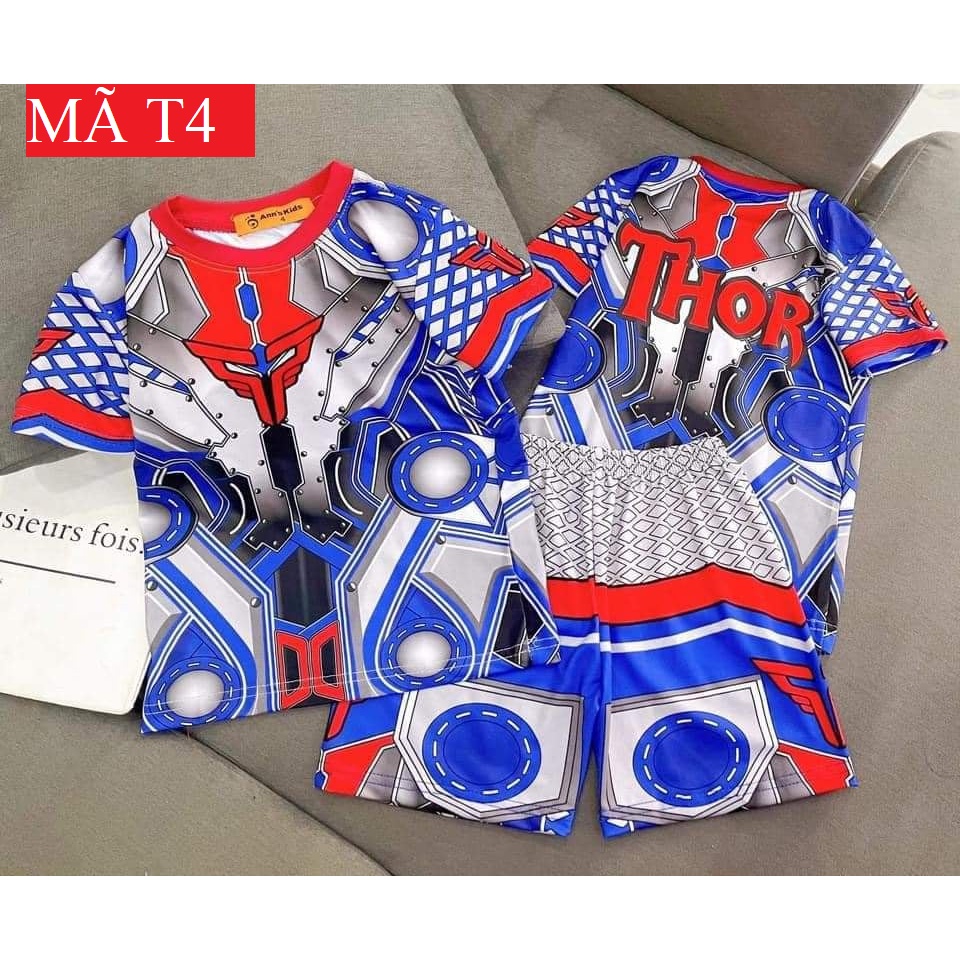 Bộ cộc tay cho bé trai chất thun lạnh in 3D spider man, siêu nhân,thor, captain americar, quần áo trẻ em