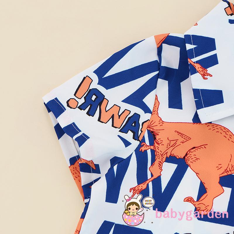 Bộ Áo Sơ Mi Cổ Bẻ In Chữ + Quần Short In Họa Tiết Khủng Long Phối Hàng Nút Thời Trang Mùa Hè Cho Bé Trai 2-7 Tuổi