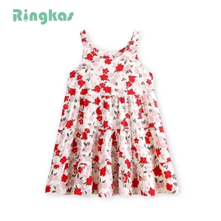 Đầm Không Tay In Hoa Màu Đỏ Thời Trang Mùa Hè Cho Bé Gái 1-5 Tuổi