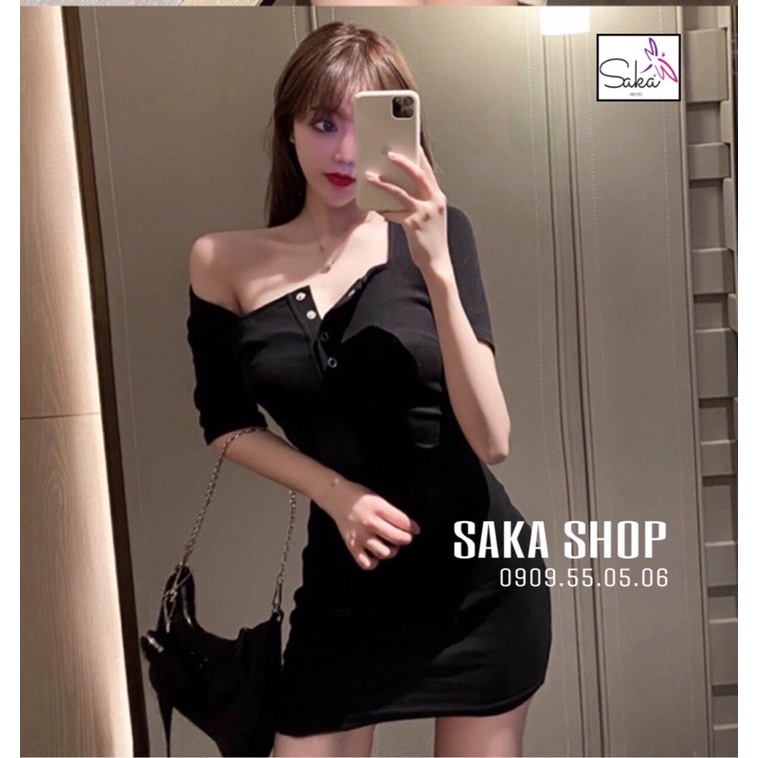 Đầm ôm nữ thun tay ngắn phối nút