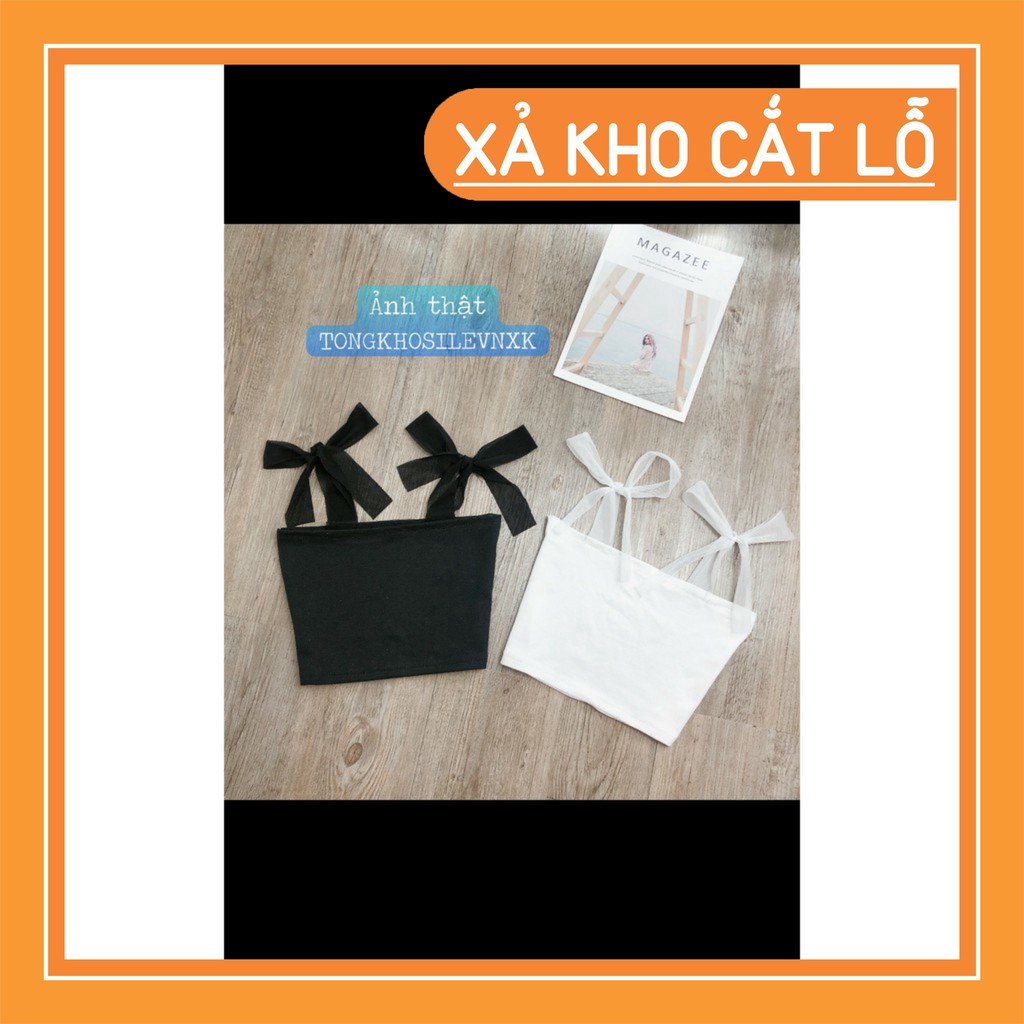 [Xả kho] ÁO 2 DÂY CROPTOP LƯỚI THẮT NƠ ĐEN TRẮNG BOZIP  - ÁO QUÂY NGỰC BUỘC VAI NƠ REN KIỂU