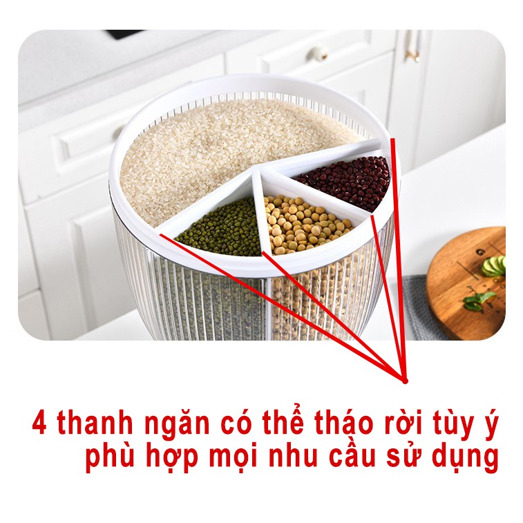 Thùng đựng gạo và ngũ cốc 4 ngăn thông minh, Dung tích 10kg, Có nút bấm dễ dàng [tặng kèm ca]