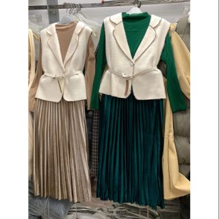 Set váy + gile lông + beltcao cấp style Hàn: Váy liền thân áo thun nhung chân váy chất nhung