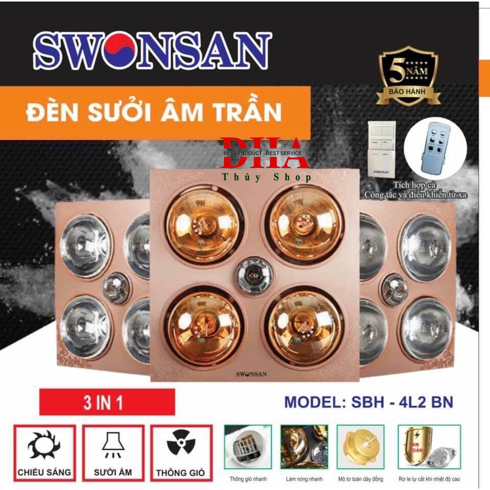 ĐÈN SƯỞI PHÒNG TẮM ÂM TRẦN 4 BÓNG MODEL SBH - 4L2BN - ĐÈN SƯỞI SWONSAN CAO CẤP CHỐNG LÓA MẮT
