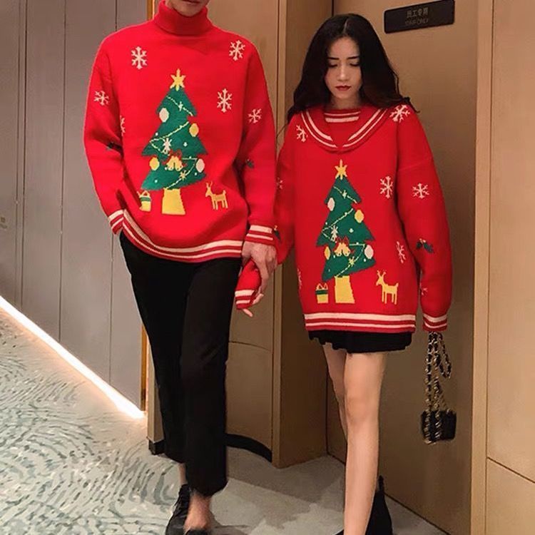 Áo Sweater Dệt Kim In Họa Tiết Hoạt Hình Thời Trang Giáng Sinh Cho Cặp Đô