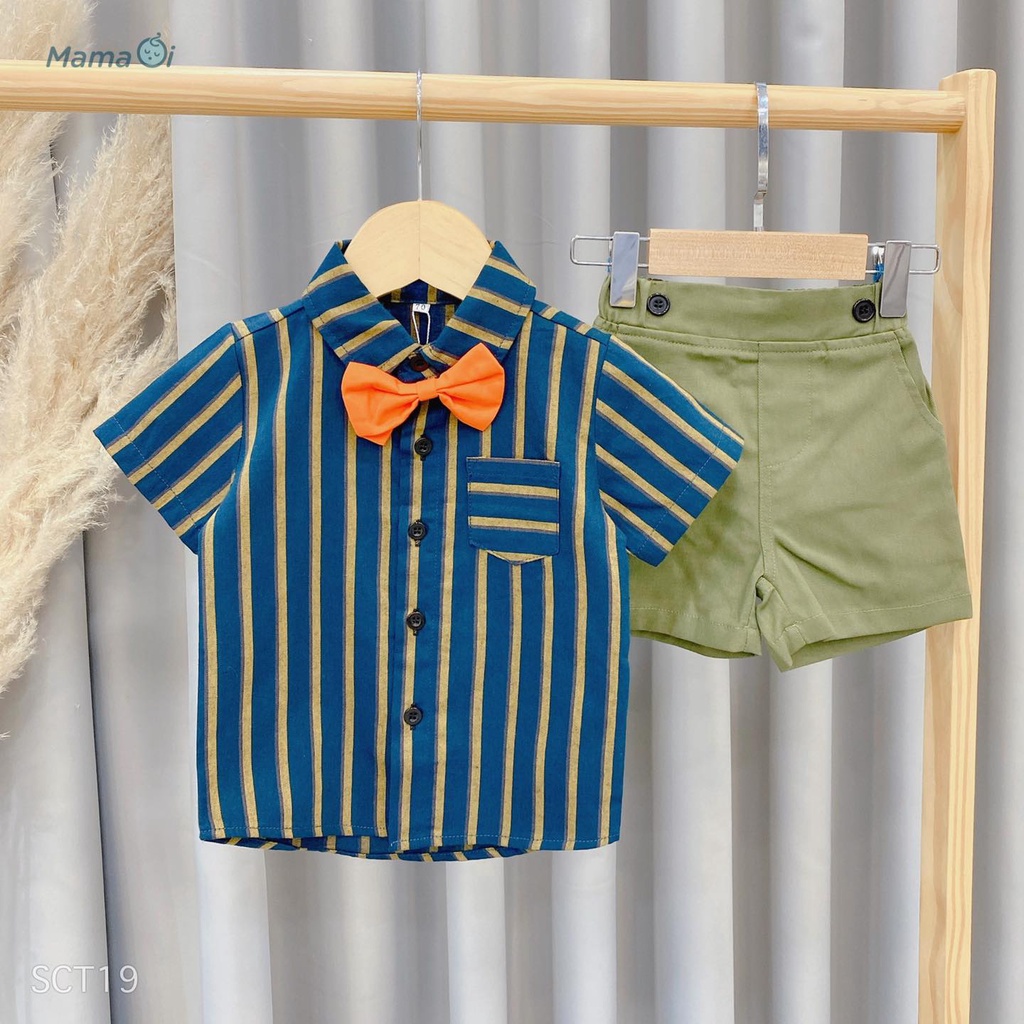 Set công tử sọc xanh , kèm nơ cam cho bé yêu