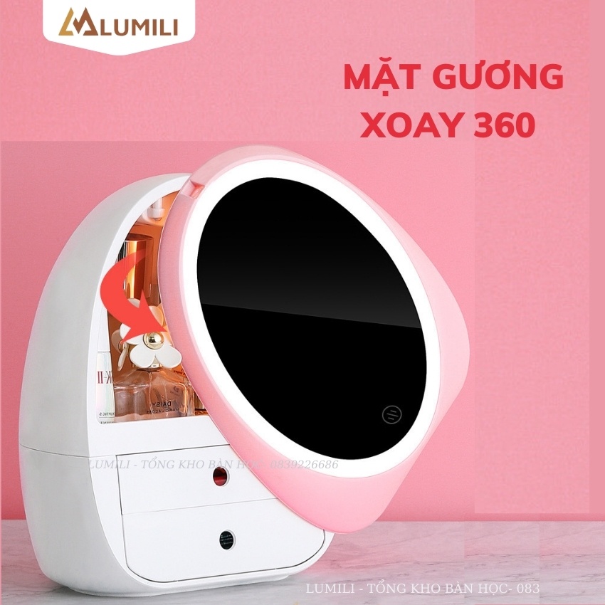hộp đựng đồ trang điểm có gương, đèn led, kệ đựng mỹ phẩm thông minh tủ đựng đồ dùng cá nhân có đèn kèm gương xoay 360