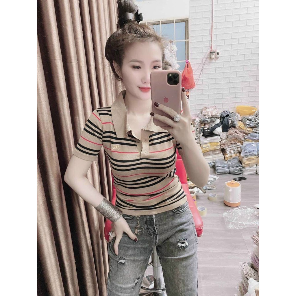 áo cổ bẻ ôm body kẻ sọc ngang màu nâu xinh siêu xinh xắn nhé