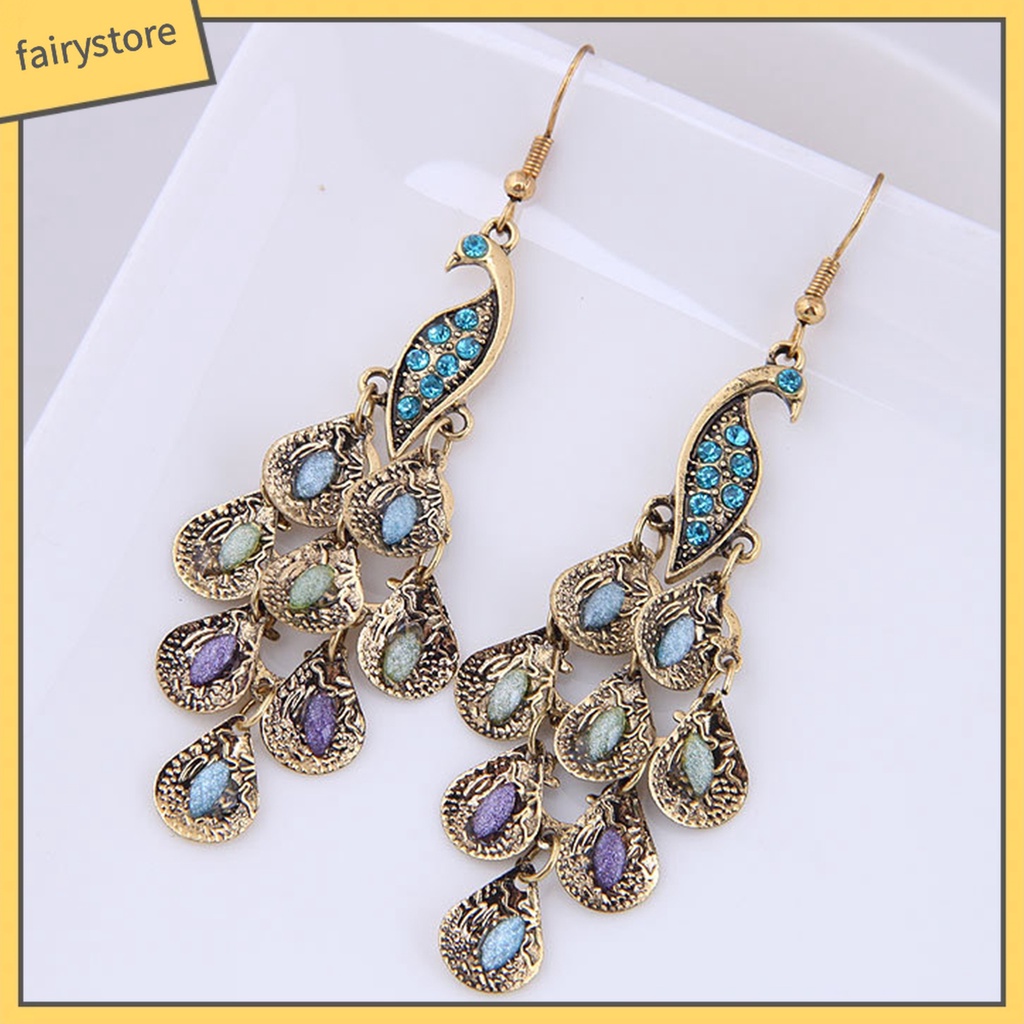 1 Đôi Bông Tai Hình Chim Công Đính Đá Phong Cách Vintage