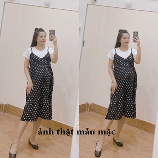 Váy Bầu Yếm Cotton Họa Tiết Chấm Bi HD2826 Honey Mommy Đầm Bầu Ngắn Tay Công Sở Đi Làm