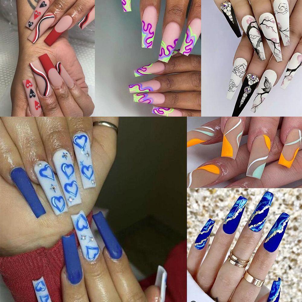 Bộ 24 Móng Tay Giả Dạng Nhấn In Họa Tiết Trái Tim Màu Hồng Xinh Xắn|Bộ Móng Tay Giả Họa Tiết Bướm Màu Hồng Đen Chống Rò Rỉ