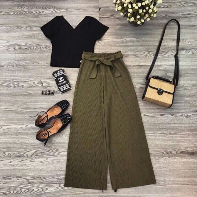 Combo 2 quần dập li ống rộng thắt nơ