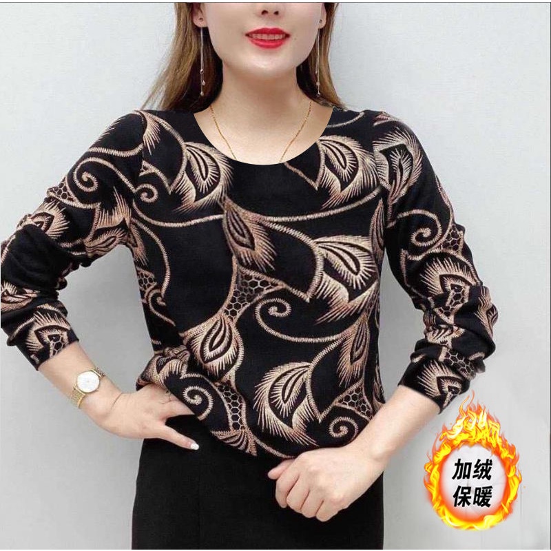 Áo Thun Tay Dài Cổ Tròn Dày Dặn In Họa Tiết Thời Trang Thu Đông Cho Nữ Trung Niên