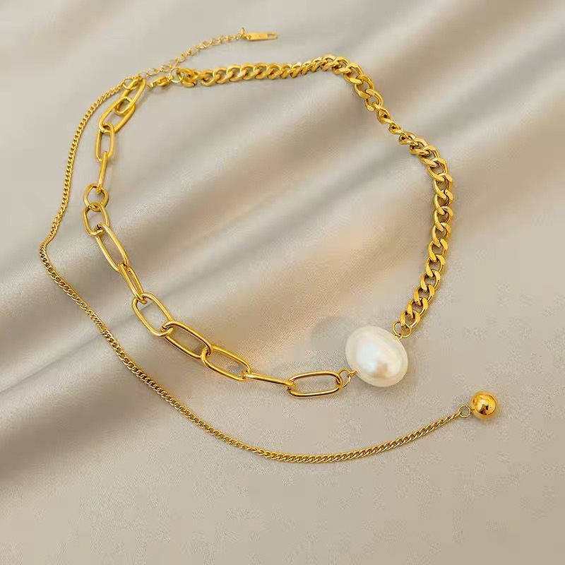 Vòng cổ thép titan hạt ngọc trai thanh lịch thời trang phong cách Hàn Quốc