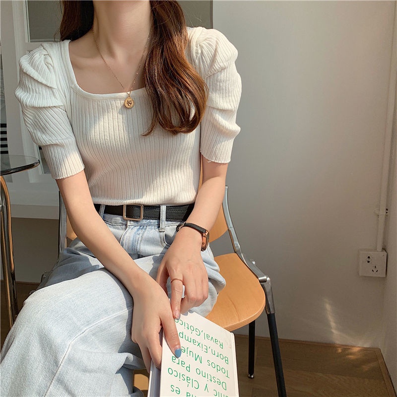 Áo Thun Dệt Kim Màu Trơn Xinh Xắn Cho Nữ 185245 Áo Thun Ôm Cổ Vuông Tay Phồng Đơn Giản Thời Trang Mùa Hè