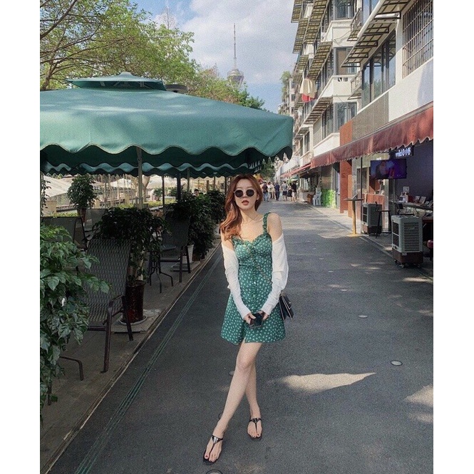Váy hai dây chấm bi xanh đi biển cực xinh, váy hai dây ôm body