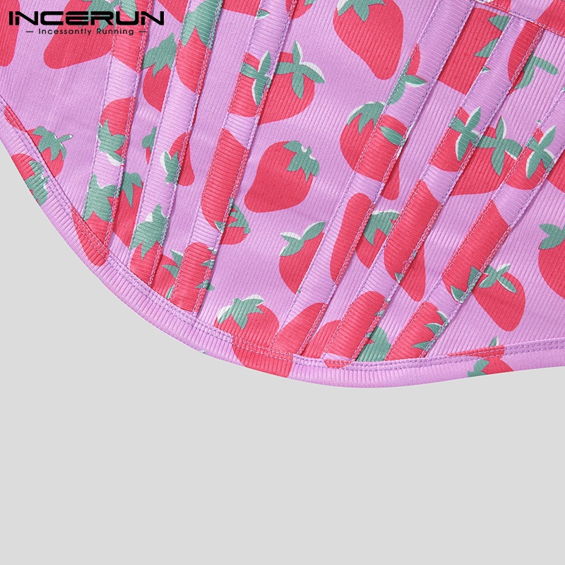 Áo ba lỗ INCERUN vải lưới xuyên thấu in họa tiết dâu tây thời trang cho nam