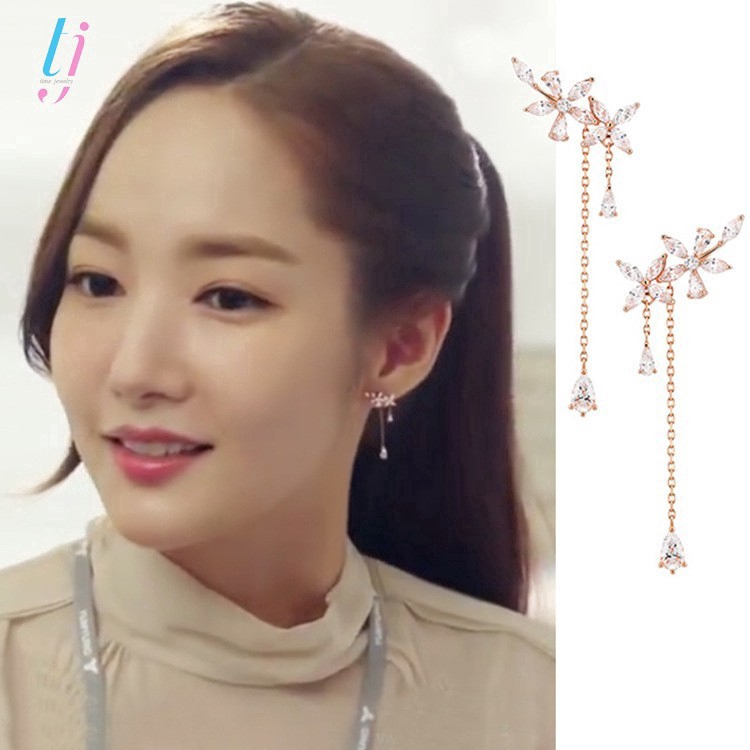 Khuyên tai bạc 925 phối tua rua dài đính đá thời trang phong cách Hàn Quốc