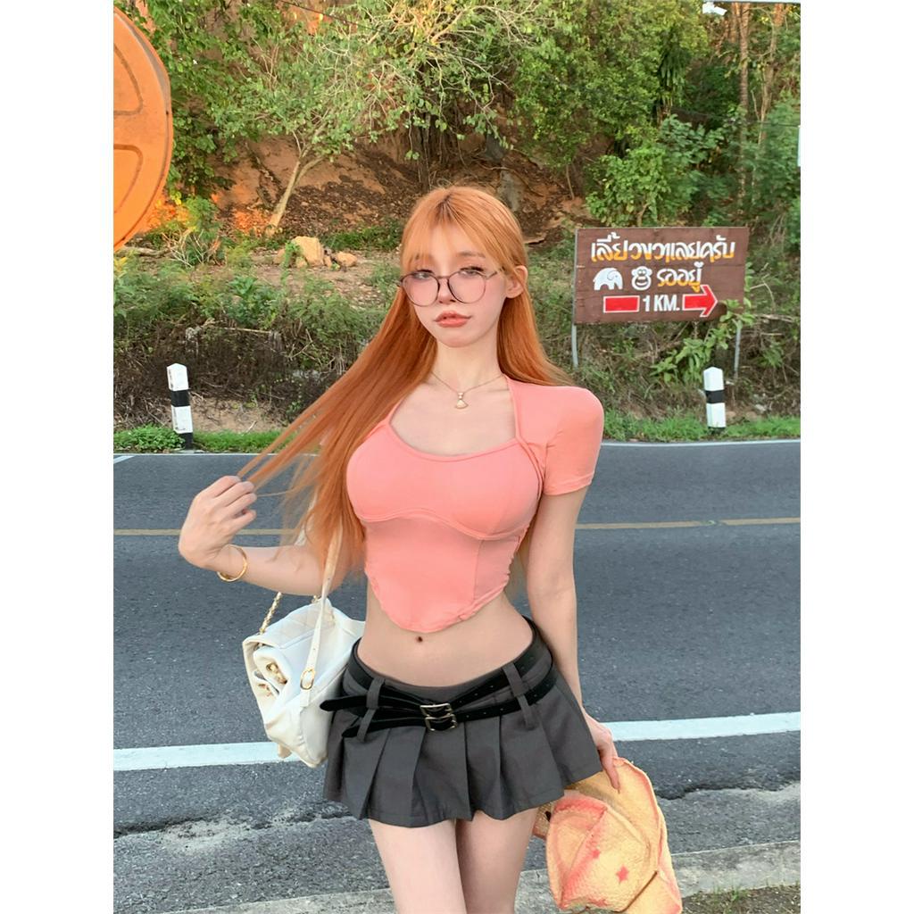 Cocory vn Áo Croptop Tay Ngắn Hở Lưng Y2K Có Đệm Ngực 4 Màu Thời Trang Mùa Hè Quyến Rũ Cho Nữ