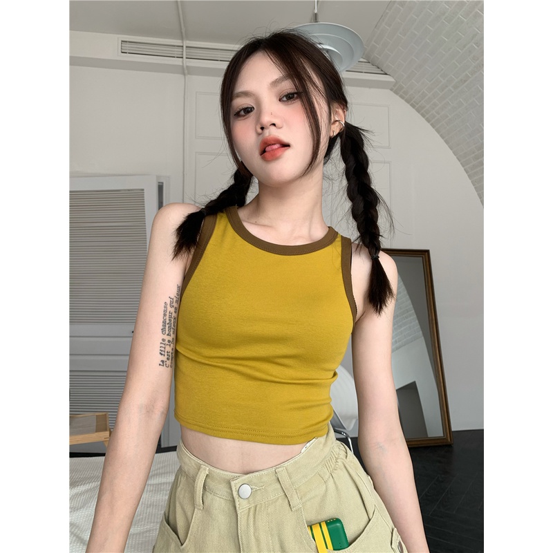 Áo Không Tay Phối Màu Tương Phản Phong Cách retro Mỹ