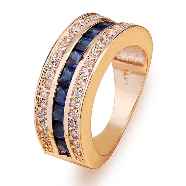 【Amy's Jewelry Box】Nhẫn Nam Nữ Kim Cương Chớp Vàng 18k Mạ Châu Âu và Mỹ. Nhẫn kim cương hình vuông đầy đủ kim cương Sapphire