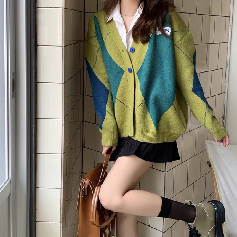 Áo khoác cardigan xanh mù tạt len min chất dày thu đông