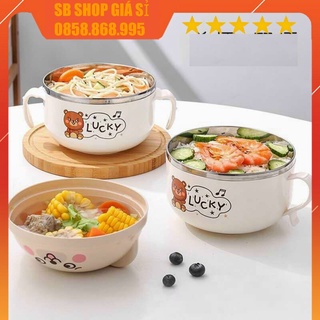 Bát úp mì có nắp hình gấu dễ thương, ruột inox kèm thìa