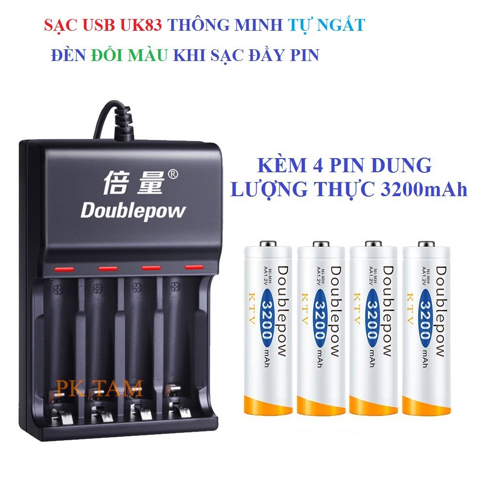 [Chính Hãng] Combo Sạc Tự Ngắt Thông Minh UK83 Đổi Đèn Khi Sạc Đầy Kèm 8 Pin Doublepow 3200Mah Dung Lượng Chuẩn