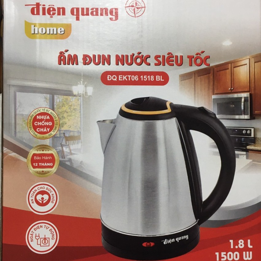 Ấm nước siêu tốc 1.8L Điện Quang bảo hành 12 tháng, thân ấm làm bằng INOX đảm bảo an toàn sức khỏe- GIA DỤNG HÒA PHÁT