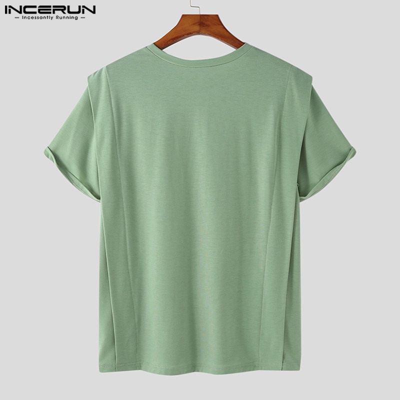 Áo thun INCERUN tay ngắn cổ tròn giả hai lớp màu sắc đơn giản thời trang cho nam giới