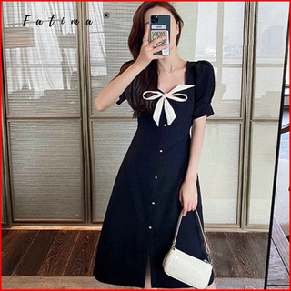Đầm tiểu thư cổ vuông thắt nơ ngực thân đính cườm - F065