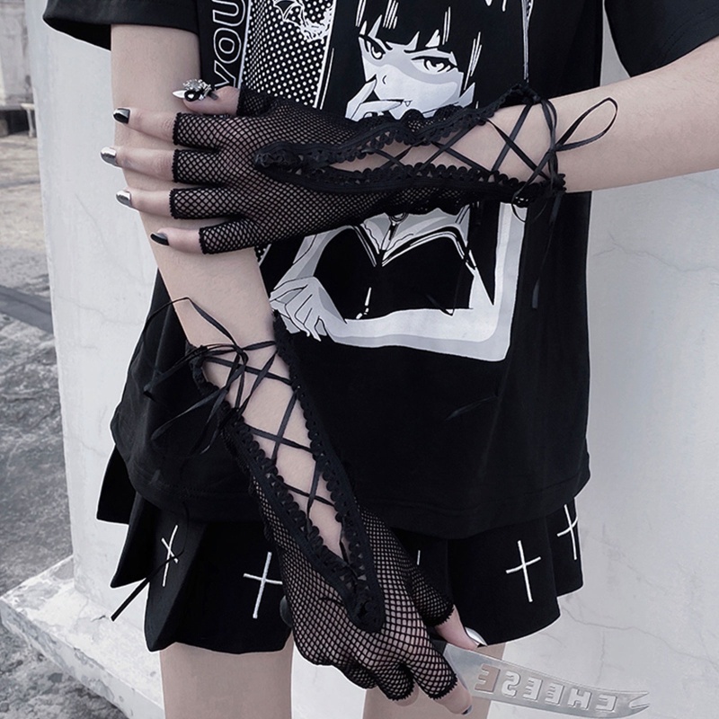 Găng Tay Lưới Co Giãn Gợi Cảm Với Dây Thừng Màu Đen Phong Cách Punk Hip Hop Cho Nữ