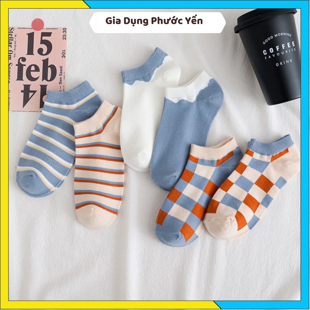 Tất vớ cotton cổ thấp ngắn họa tiết caro kẻ ô tone màu xanh dương  thời trang  cho nữ