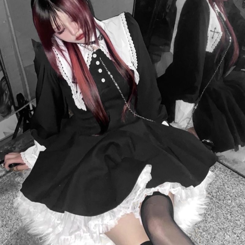 Váy đầm Gothic Lolita thêu Thánh Giá đan nơ viền ren kèm tùng phồng loại đẹp