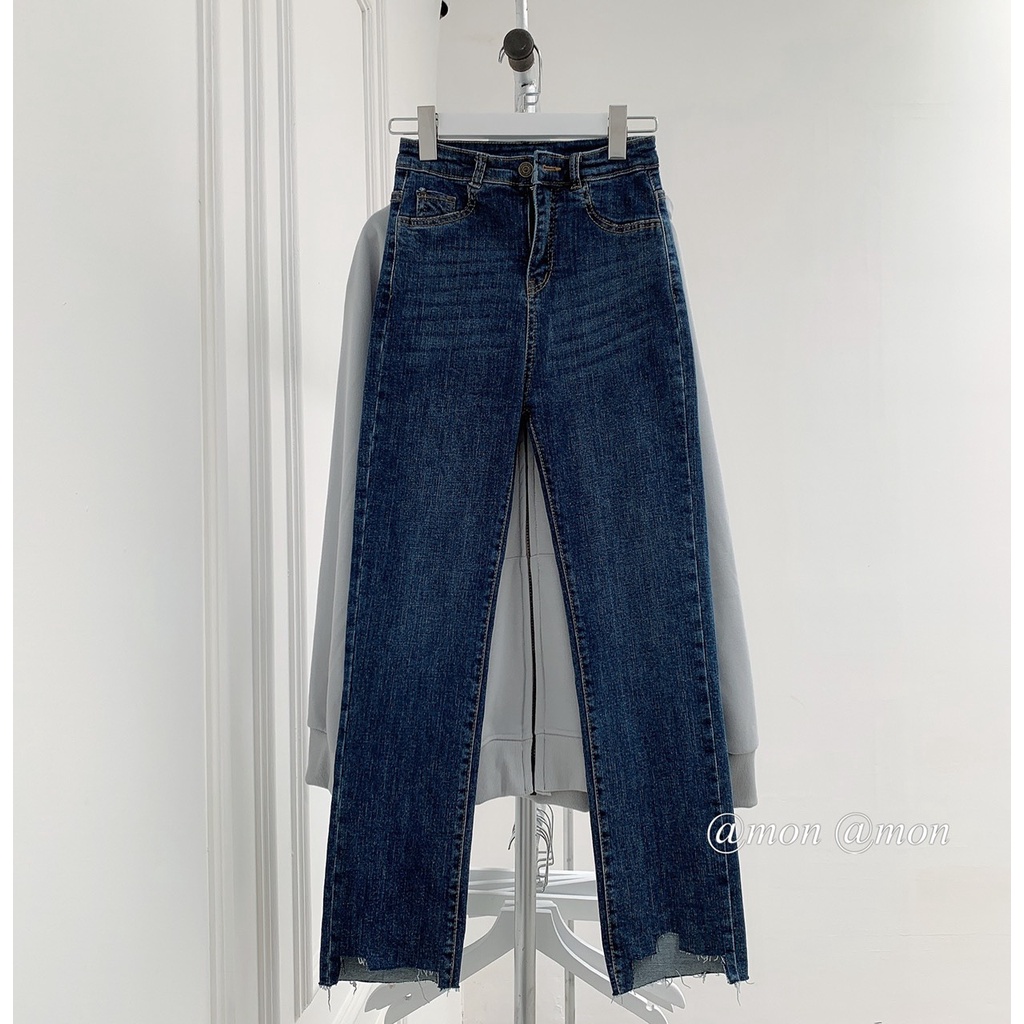 [Mã FAMARAL2 giảm 10K đơn 50K] 210793 Quần jeans cắt gấu, quần jeans ống đứng nữ chất dày dặn co giãn tốt