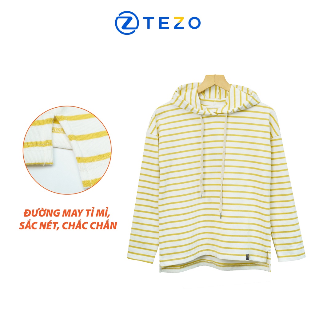 Áo Hoodie nữ Tezo nỉ nữ có mũ phối kẻ ngang 22ANMS001