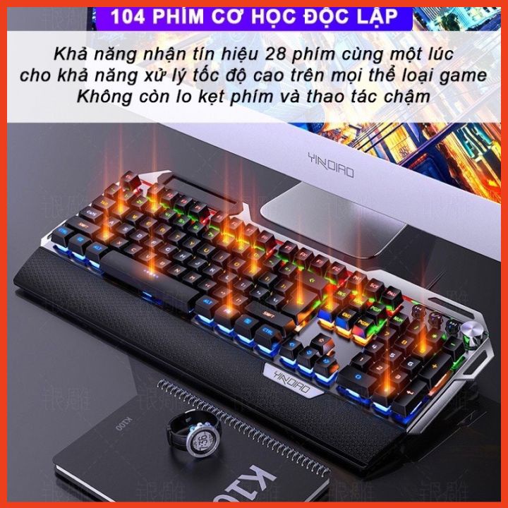 Bàn Phím Cơ Máy Tính Blue Switch Gaming YINOIAO K100Pro Full LED RGB 104 Phím 12 Chế Độ Trục Cơ Xanh
