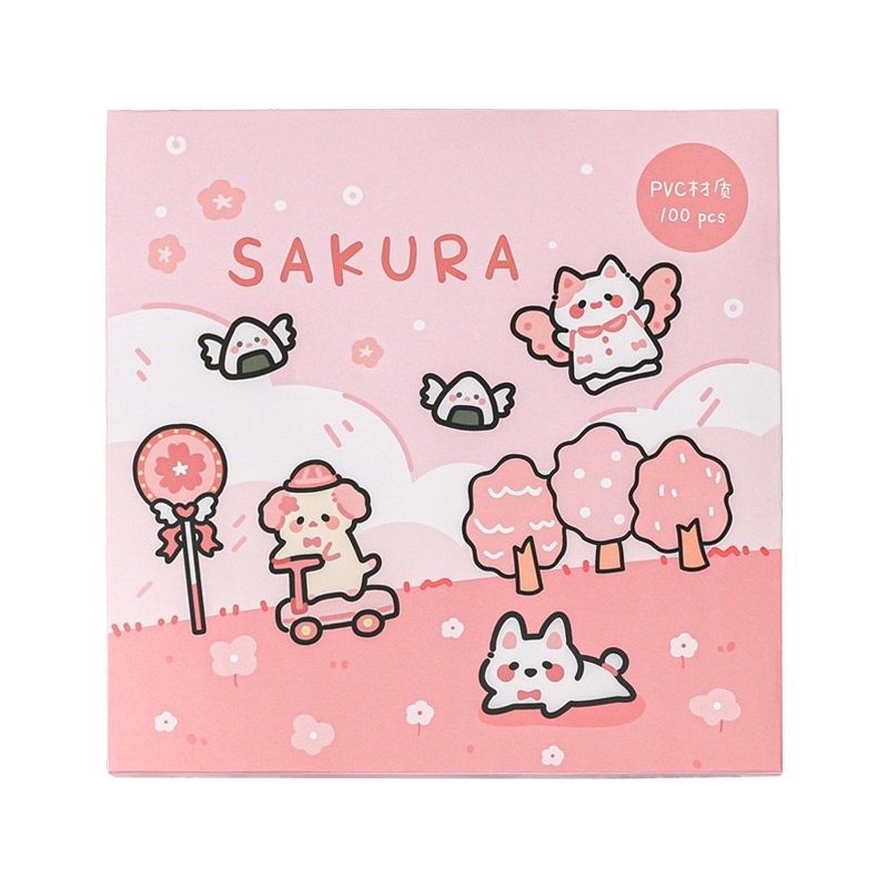 Sticker hộp 100 miếng Sakura cute - Tặng Hình Xăm Dán