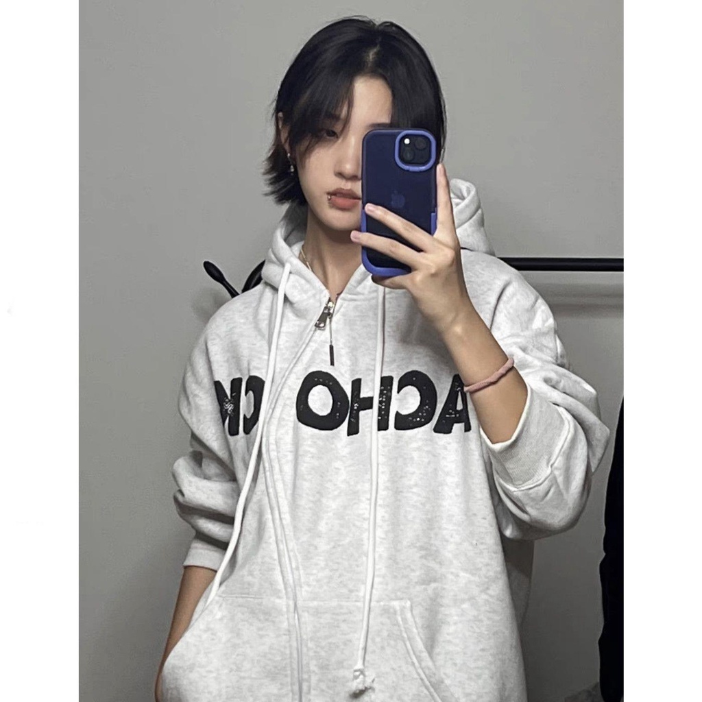 Áo Khoác Hoodie Có Khóa Kéo In Họa Tiết Xốp Phong Cách Harajuku Mới Cho Nữ