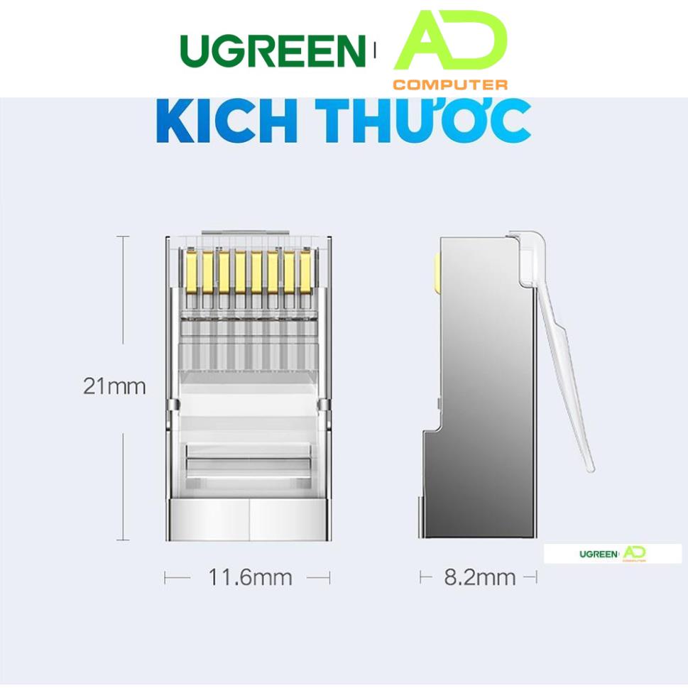 Đầu bấm mạng RJ45 UGREEN NW111 cho dây CAT6, bọc inox chống nhiễu - Hàng phân phối chính hãng - Bảo hành 18 tháng