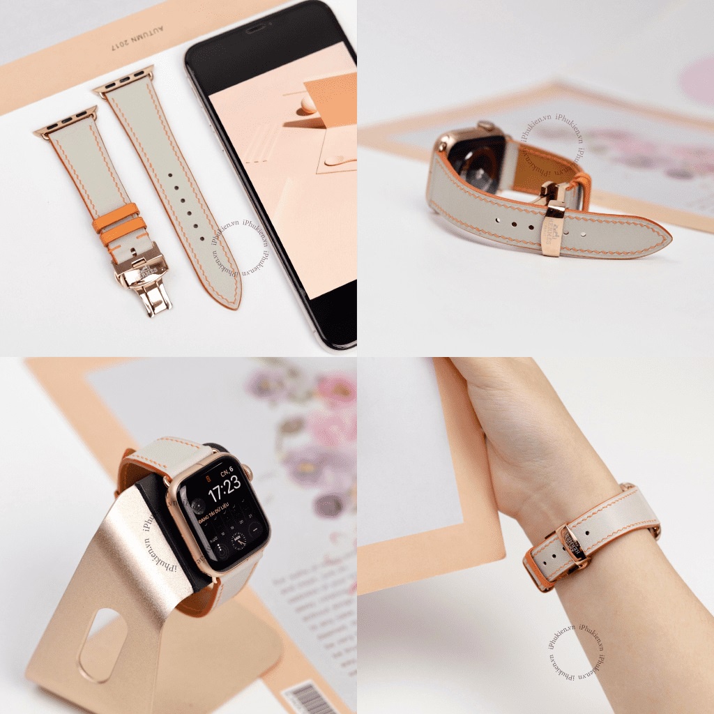 Dây Da Handmade [DA THẬT, BẢO HÀNH 1 NĂM] Swift Xám Chỉ Cam cho Apple Watch Seris 1/2/3/4/5/6/7