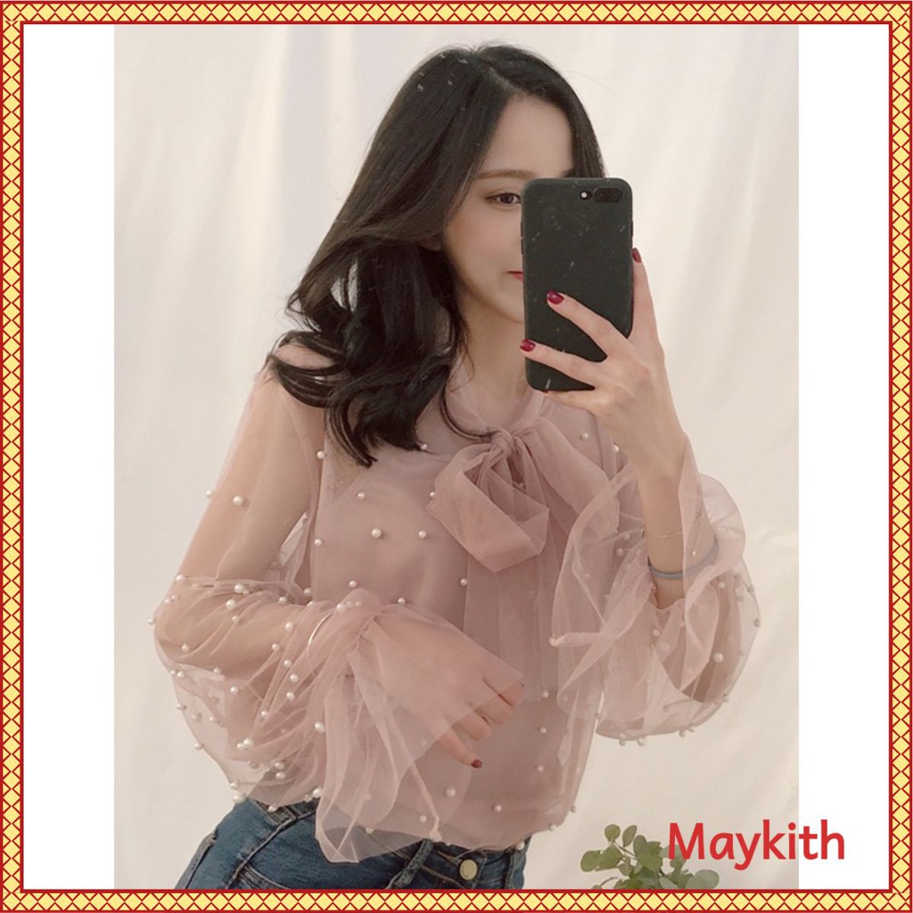🌸Hàng Quảng Châu🌸Áo Sơ Mi Hồng Đính Ngọc Thắt Nơ 🌸Siêu Sinh Sexy