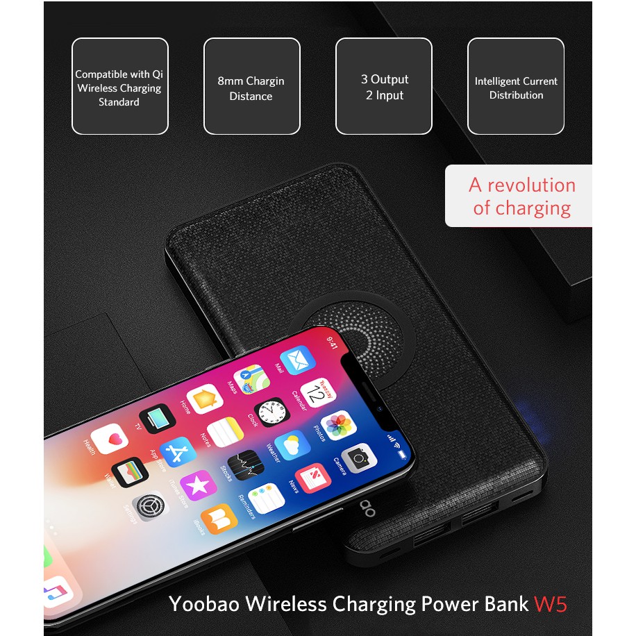 Sạc dự phòng không dây chính hãng YOOBAO W5 5000mAh cho iPhone X 8 Samsung S6 S7 S8 S9 Qi phone