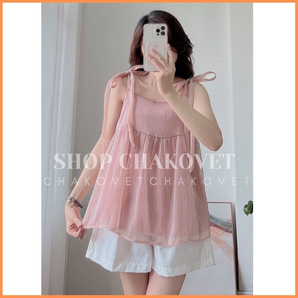 Set áo babydoll tiểu thư S8359 Bộ đồ nữ mặc đi chơi du lịch, kiểu áo 2 dây buộc nơ vai cách điệu kèm quần sooc ulzzang