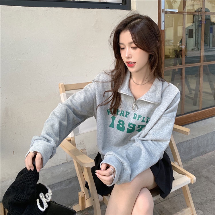 Áo Hoodie Ngắn Dài Tay Dáng Rộng Cổ polo Phối Khóa Kéo Phong Cách Mới
