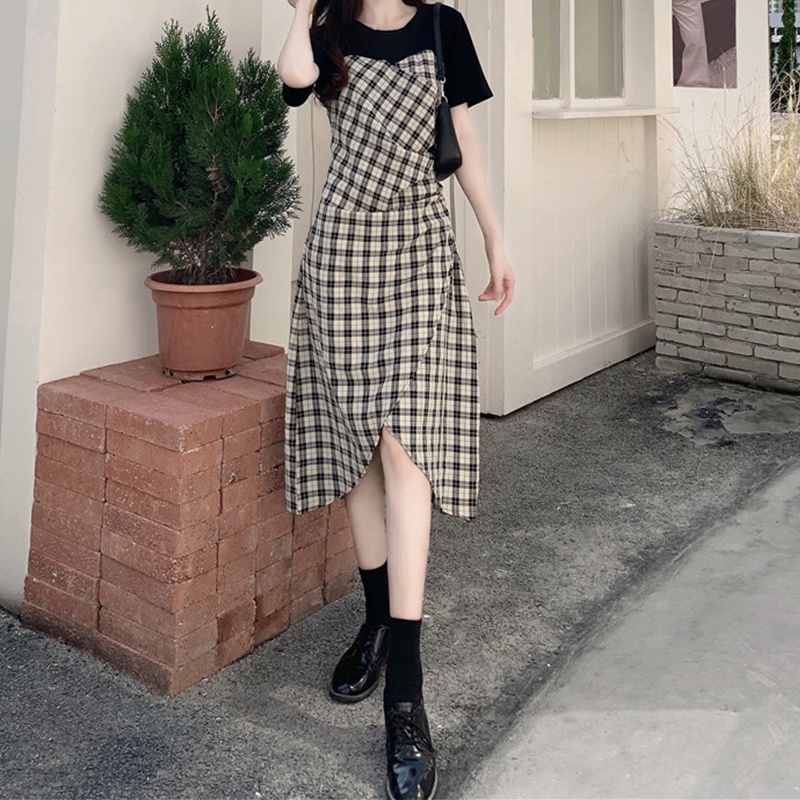 Đầm Midi Dáng Chữ A Tay Ngắn Họa Tiết Kẻ Sọc Màu Sắc Thời Trang Quyến Rũ Cho Nữ