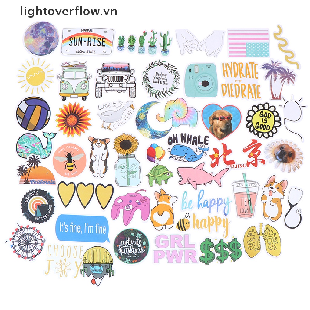 Bộ 50 Đề Can Họa Tiết Hoạt Hình Dễ Thương Dùng Trang Trí Vali / Laptop / Xe Đạp / Xe Hơi