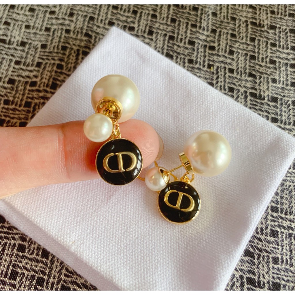 Bông tai mạ bạc 925 hình tròn đính ngọc trai đen thời trang cho nữ